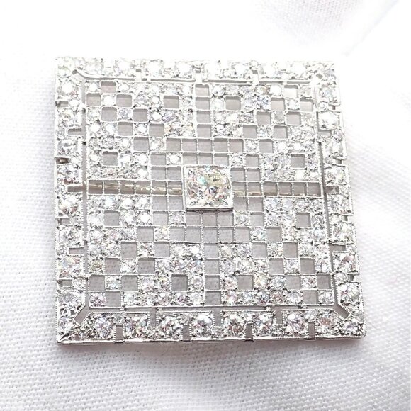 Vintage Estate Art Deco Platinum 5ctw Diamond Square Pin Brooch - Picture 6 of 10